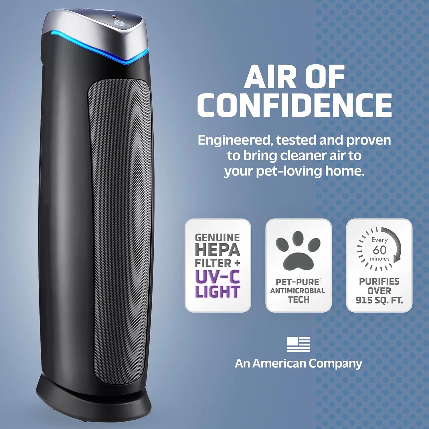 GermGuardian Air Purifier with HEPA 13 Pet Filter, Removes 99.97% of Pollutants, 28", Gray, AC5250PT