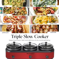 Elite Platinum EWMST-325R Maxi-Matic Triple Slow Cooker Buffet Server Adjustable Temp, Lid Rests, 3 x 2.5 Qt Capacity, Red