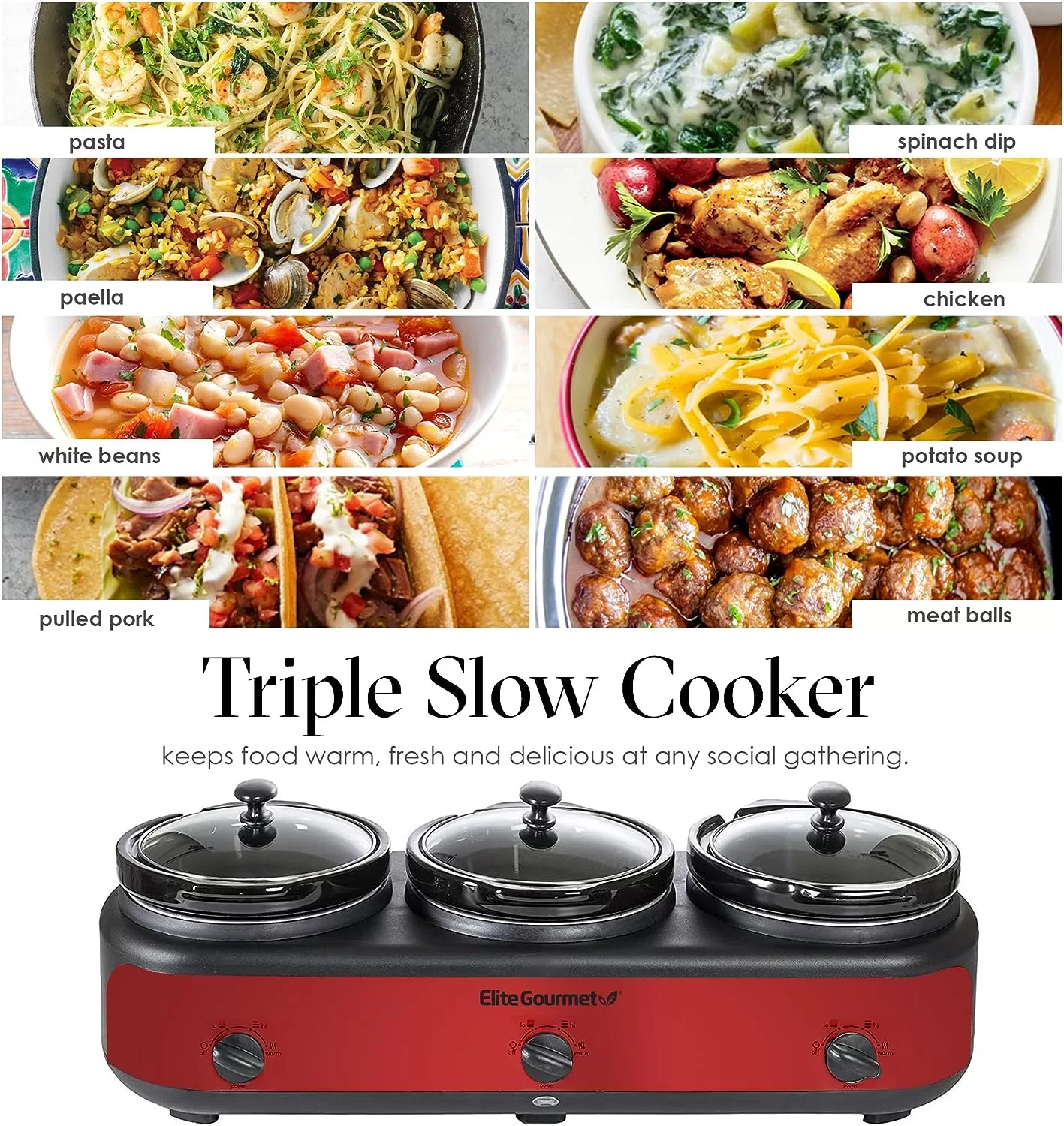 Elite Platinum EWMST-325R Maxi-Matic Triple Slow Cooker Buffet Server Adjustable Temp, Lid Rests, 3 x 2.5 Qt Capacity, Red