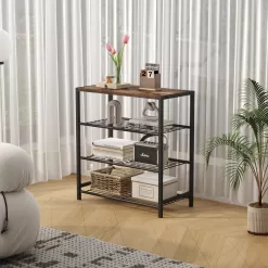 HOMEFORT 4-Tier Metal Shoe Rack, All-Metal Shoe Tower,Shoe Storage Shelf with MDF Top Board, Rustic Brown