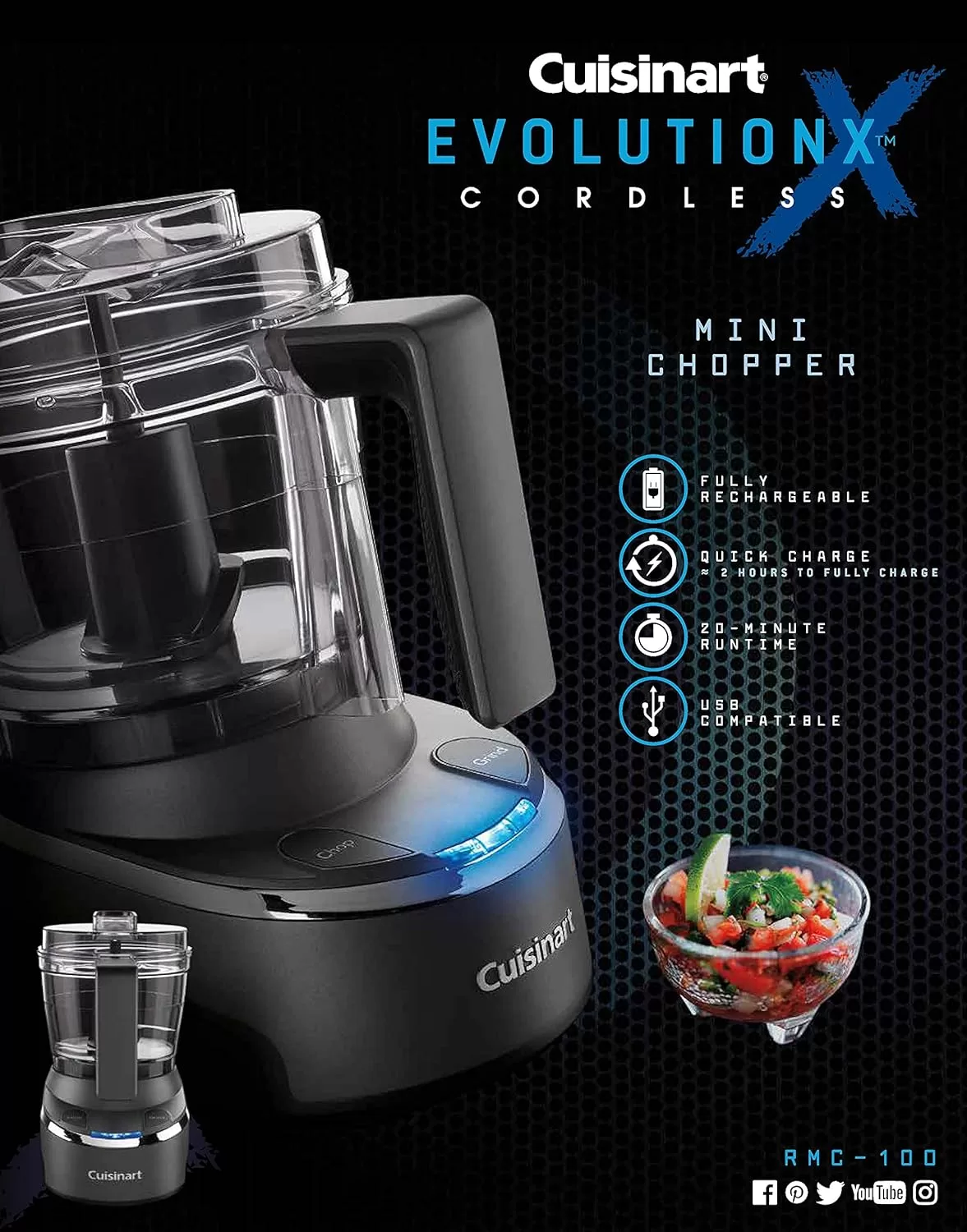Cuisinart Mini Food Processor & Chopper, Small Stand Mixer for Vegetables, Meats & More, 4 Cup, Electric, Black, RMC-100