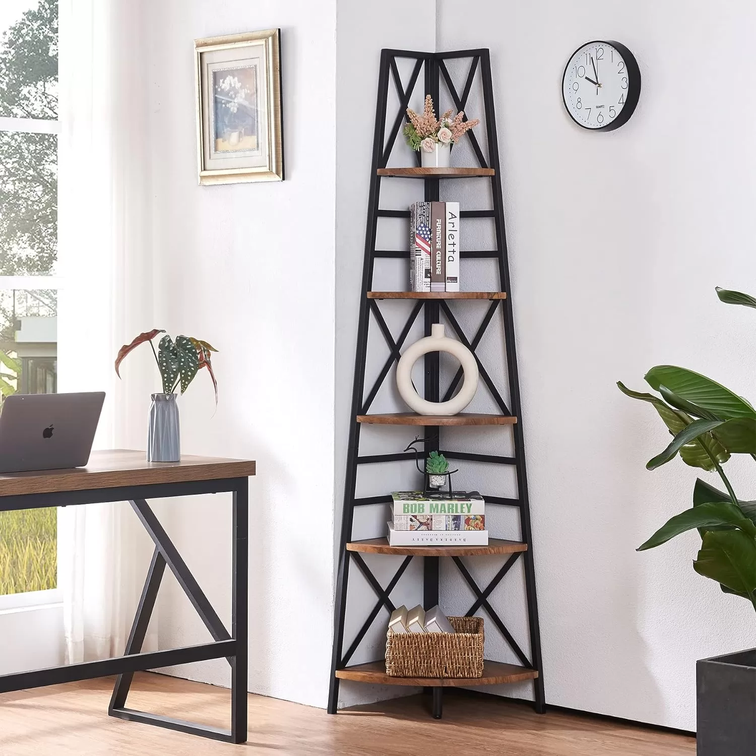 HOMBAZAAR 5-Tier Industrial Corner Bookshelf, Vintage Wood Look Accent, Rustic Brown Finish