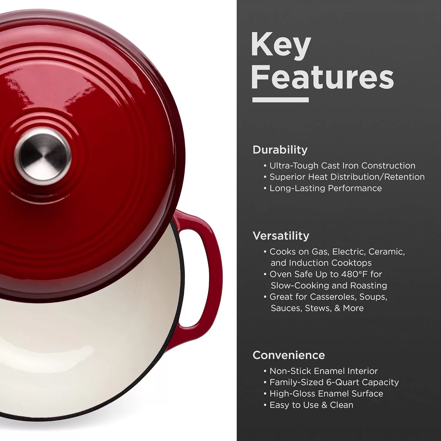Best Choice Products 6qt Ceramic Non-Stick Heavy-Duty Cast Iron Dutch Oven w/Enamel Coating, Red