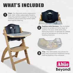 Abiie Beyond Junior Wooden High Chair with Tray. The Perfect Adjustable Baby Highchair Solution - Natural Wood/Black Cushion