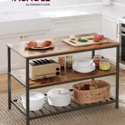 VASAGLE Kitchen Island with 3 Shelves, 47.2 Inches Kitchen Shelf with Large Worktop, Rustic Brown and Black UKKI01BX