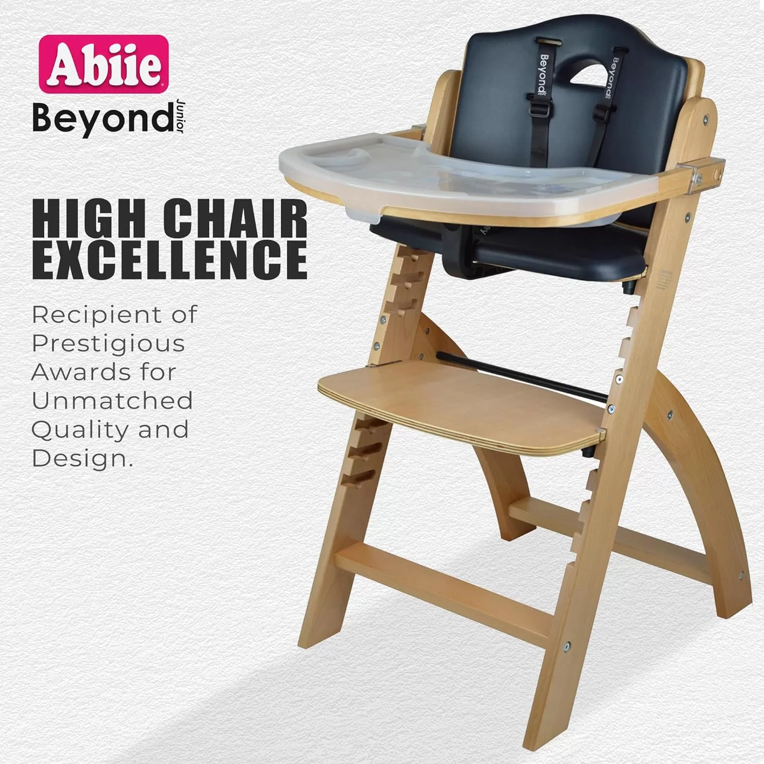Abiie Beyond Junior Wooden High Chair with Tray. The Perfect Adjustable Baby Highchair Solution - Natural Wood/Black Cushion
