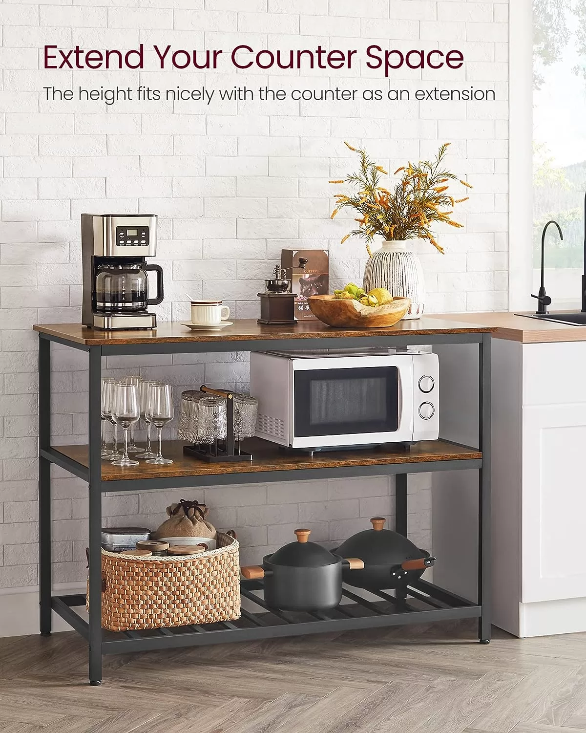 VASAGLE Kitchen Island with 3 Shelves, 47.2 Inches Kitchen Shelf with Large Worktop, Rustic Brown and Black UKKI01BX