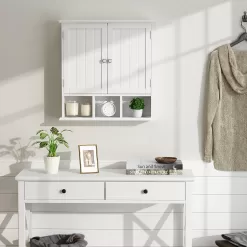 ChooChoo Bathroom Cabinet Wall Mounted 2-Door with 3 Open Shelves, Wooden Medicine Cabinets, White