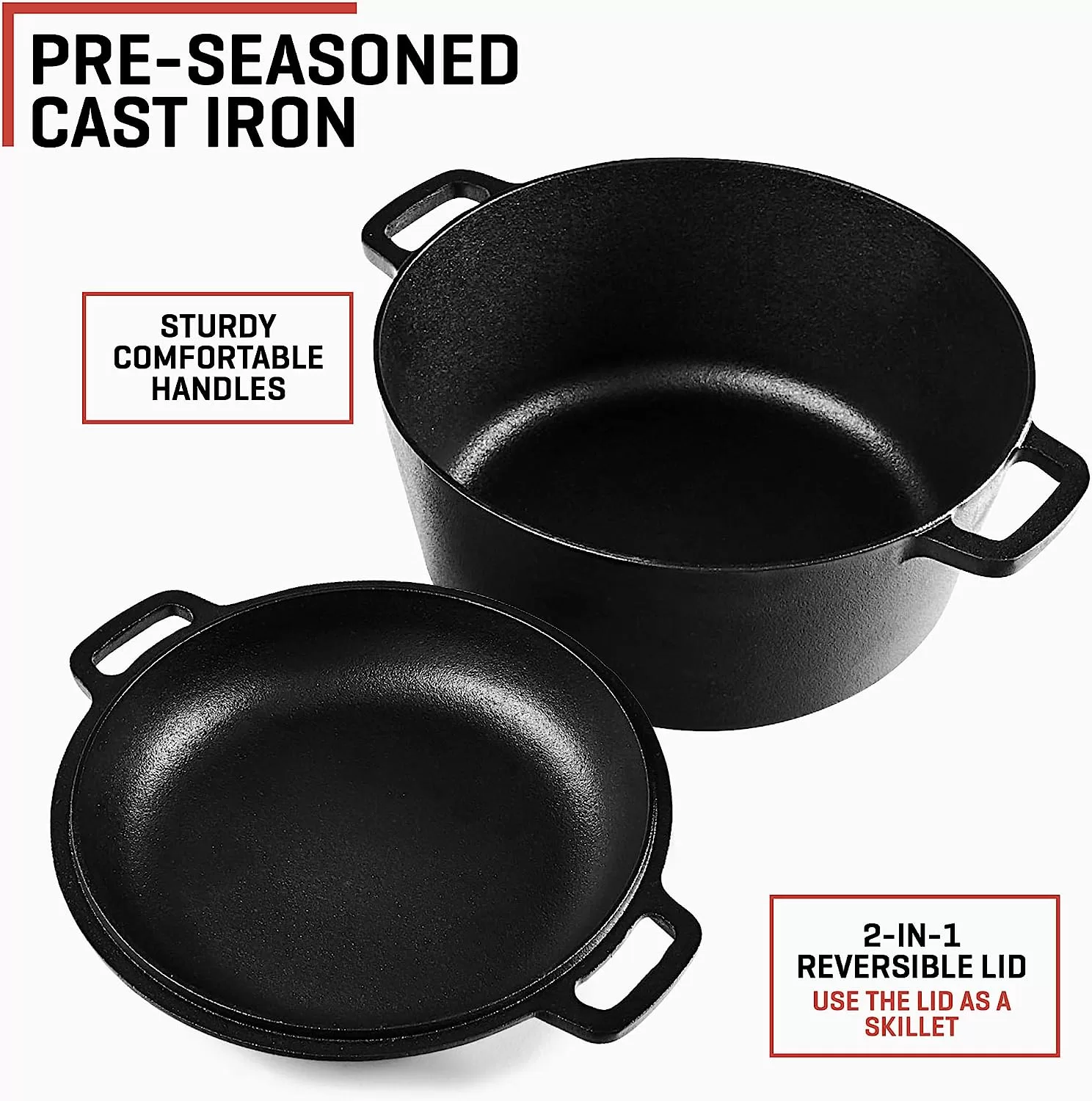 Uno Casa 2in1 Dutch Oven Large - 5 Quart Dutch Oven Pot with Lid