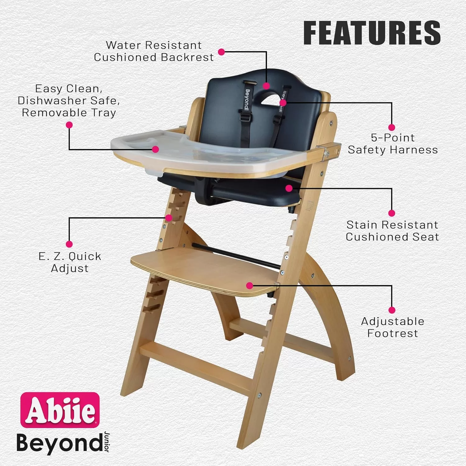 Abiie Beyond Junior Wooden High Chair with Tray. The Perfect Adjustable Baby Highchair Solution - Natural Wood/Black Cushion
