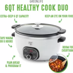 GreenLife Cook Duo Healthy Ceramic Nonstick Programmable 6 Quart Family-Sized Slow Cooker, White
