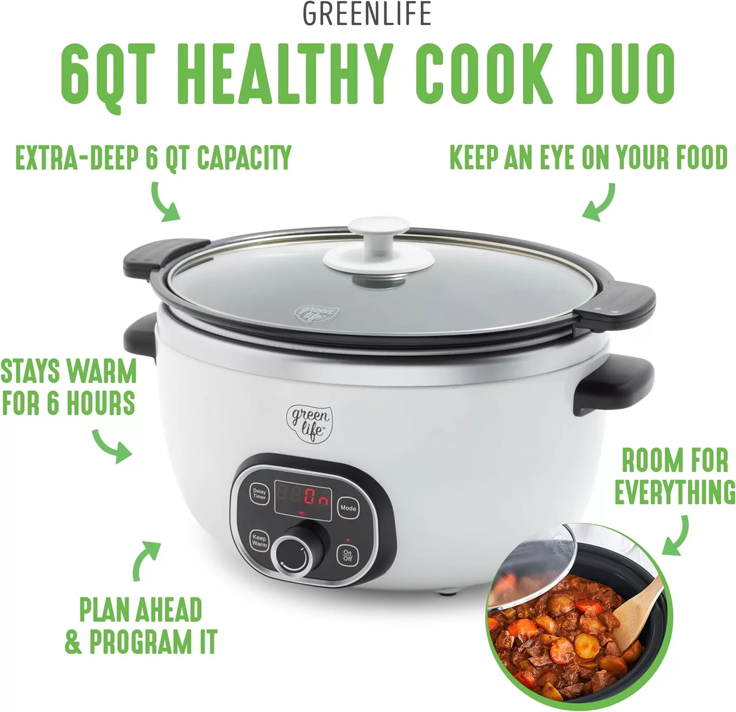 GreenLife Cook Duo Healthy Ceramic Nonstick Programmable 6 Quart Family-Sized Slow Cooker, White