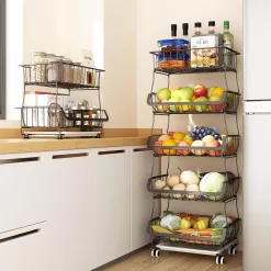 Wisdom Star 6 Tier Fruit Vegetable Basket, Wire Storage Basket Organizer Utility Cart with Wheels, Black