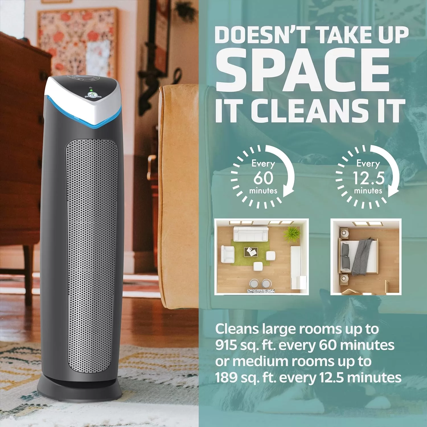 GermGuardian Air Purifier with HEPA 13 Pet Filter, Removes 99.97% of Pollutants, 28", Gray, AC5250PT