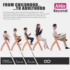 Abiie Beyond Junior Wooden High Chair with Tray. The Perfect Adjustable Baby Highchair Solution - Natural Wood/Black Cushion