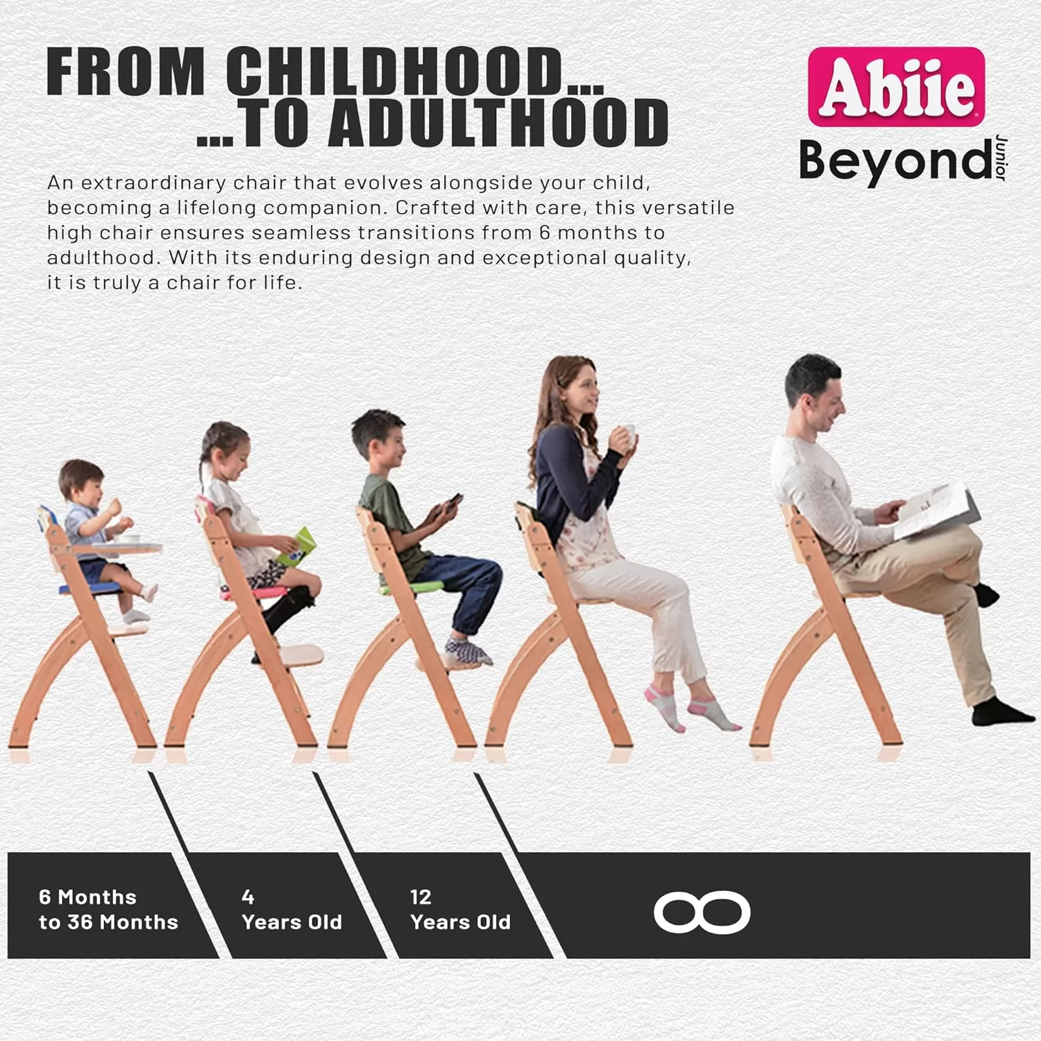 Abiie Beyond Junior Wooden High Chair with Tray. The Perfect Adjustable Baby Highchair Solution - Natural Wood/Black Cushion