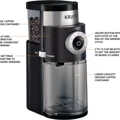Krups Precision Plastic and Stainless Steel Flat Burr Grinder 12 Cup 110 Watts 12 Grind Settings, Cold Brew Black