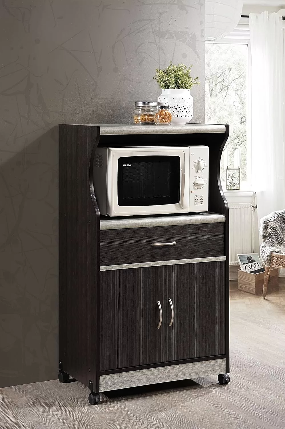Hodedah Microwave Cart with One Drawer, Two Doors, and Shelf for Storage, Chocolate Grey