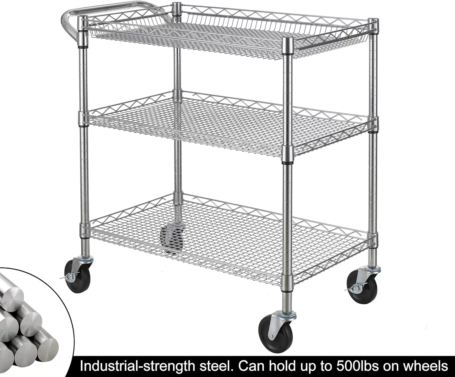 Finnhomy 3 Tier Heavy Duty Commercial Grade Utility Cart, Wire Rolling Cart with Handle Bar