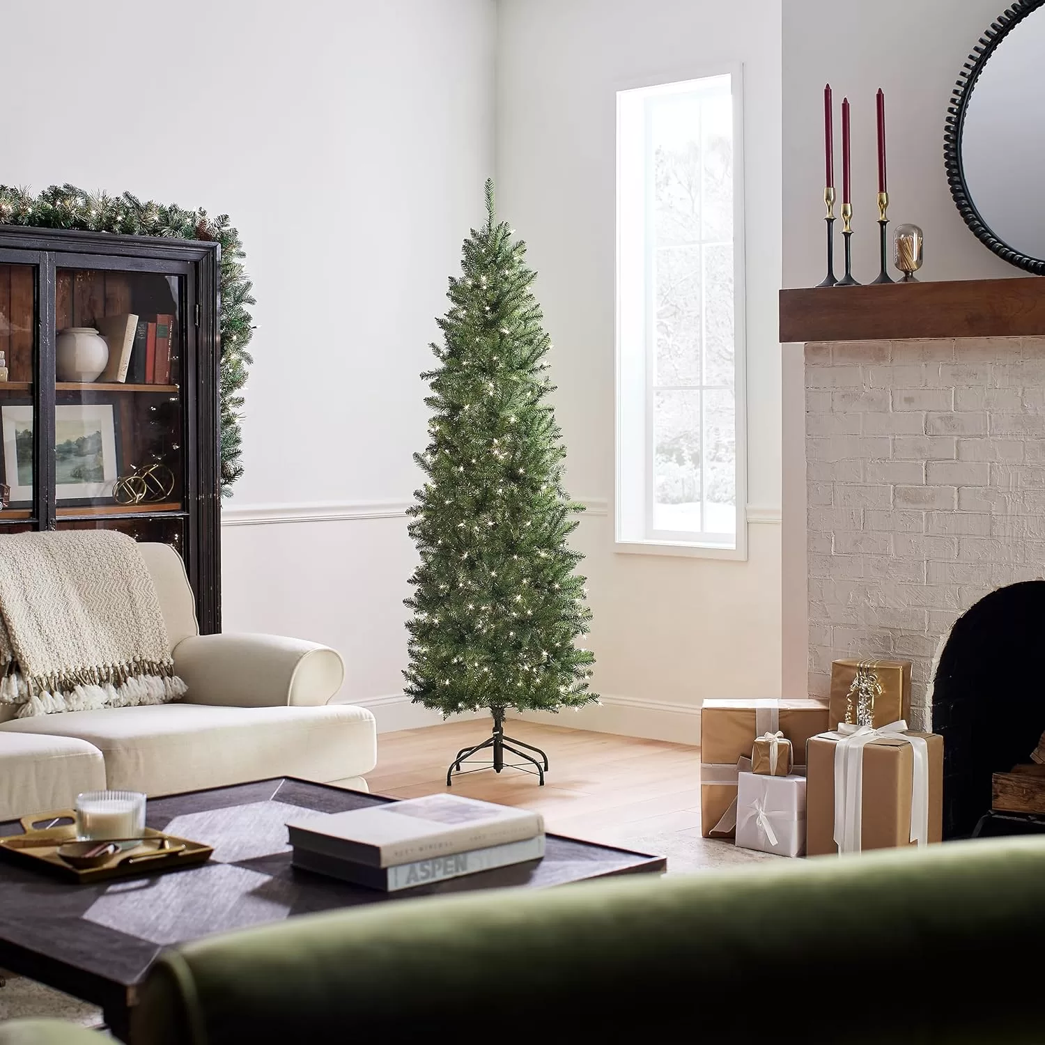 National Tree Company Artificial Pre-Lit Slim Christmas Tree, Green, Kingswood Fir, White Lights, Includes Stand, 6.5 Feet