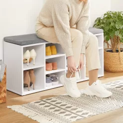 VASAGLE Shoe Bench with Cushion, Storage Bench with Padded Seat, Entryway Bench, White and Gray ULHS10WT