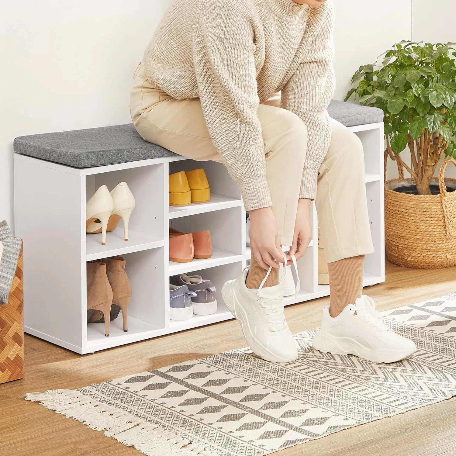 VASAGLE Shoe Bench with Cushion, Storage Bench with Padded Seat, Entryway Bench, White and Gray ULHS10WT