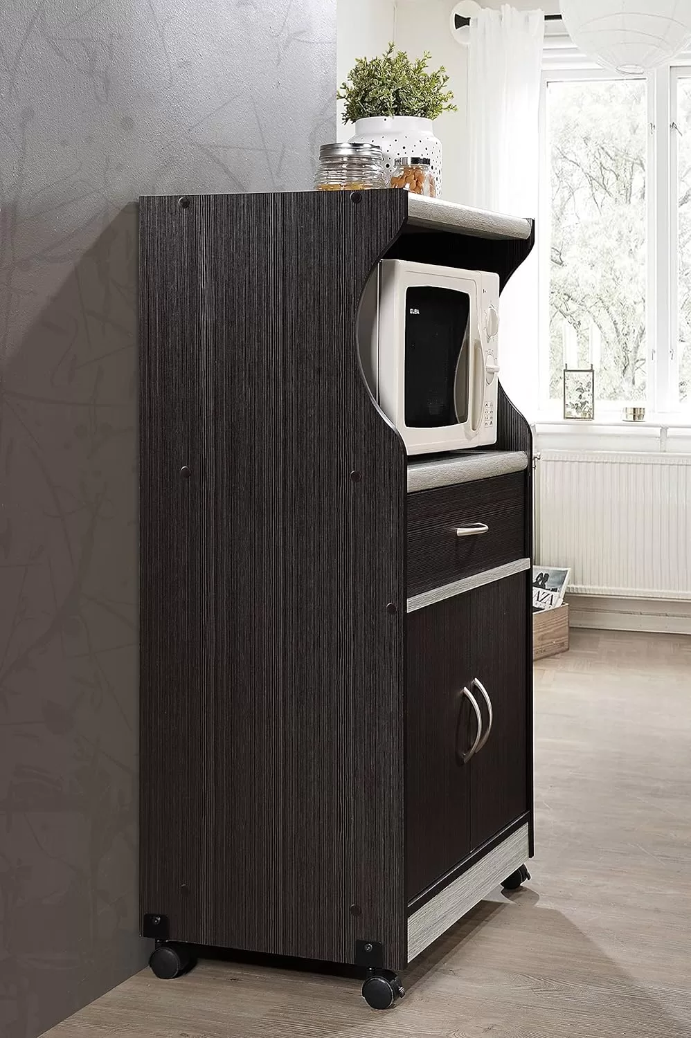 Hodedah Microwave Cart with One Drawer, Two Doors, and Shelf for Storage, Chocolate Grey