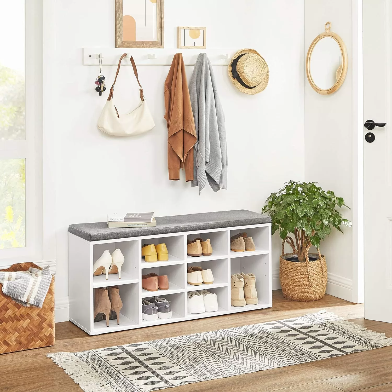 VASAGLE Shoe Bench with Cushion, Storage Bench with Padded Seat, Entryway Bench, White and Gray ULHS10WT