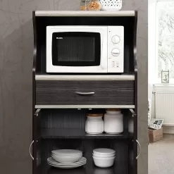 Hodedah Microwave Cart with One Drawer, Two Doors, and Shelf for Storage, Chocolate Grey