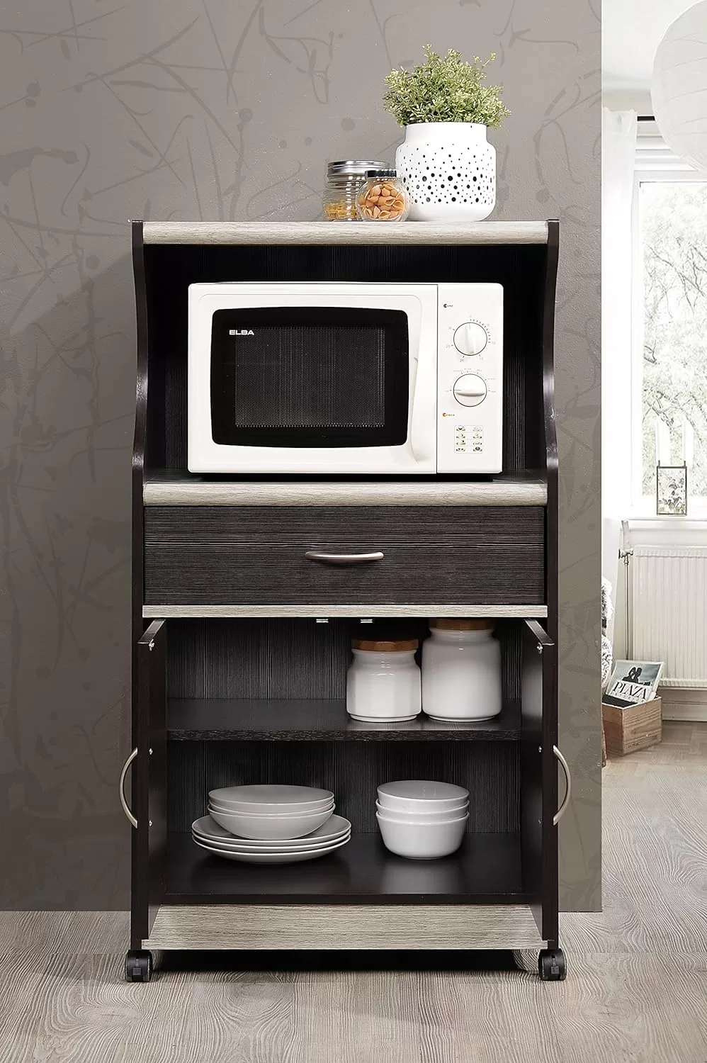 Hodedah Microwave Cart with One Drawer, Two Doors, and Shelf for Storage, Chocolate Grey