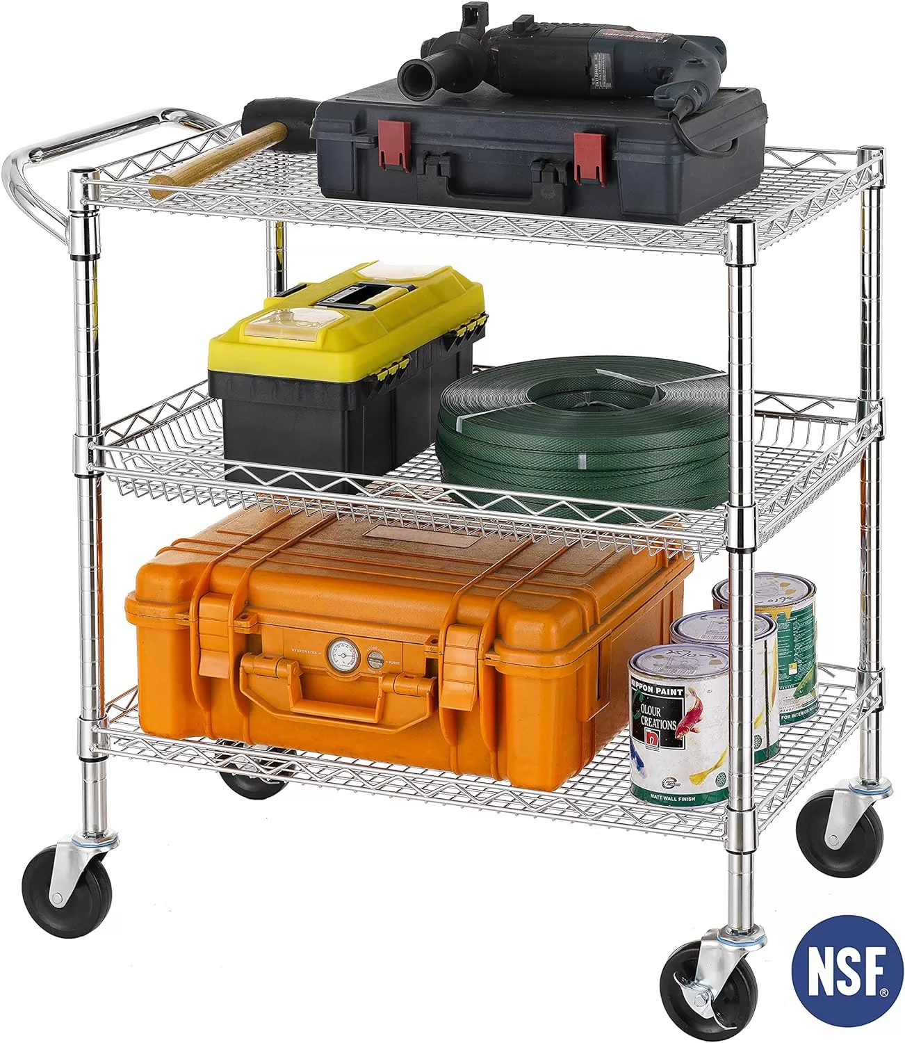 Finnhomy 3 Tier Heavy Duty Commercial Grade Utility Cart, Wire Rolling Cart with Handle Bar