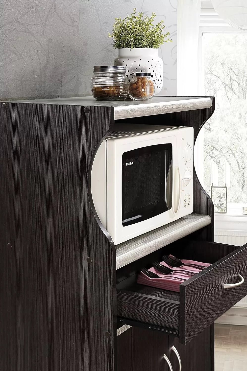 Hodedah Microwave Cart with One Drawer, Two Doors, and Shelf for Storage, Chocolate Grey