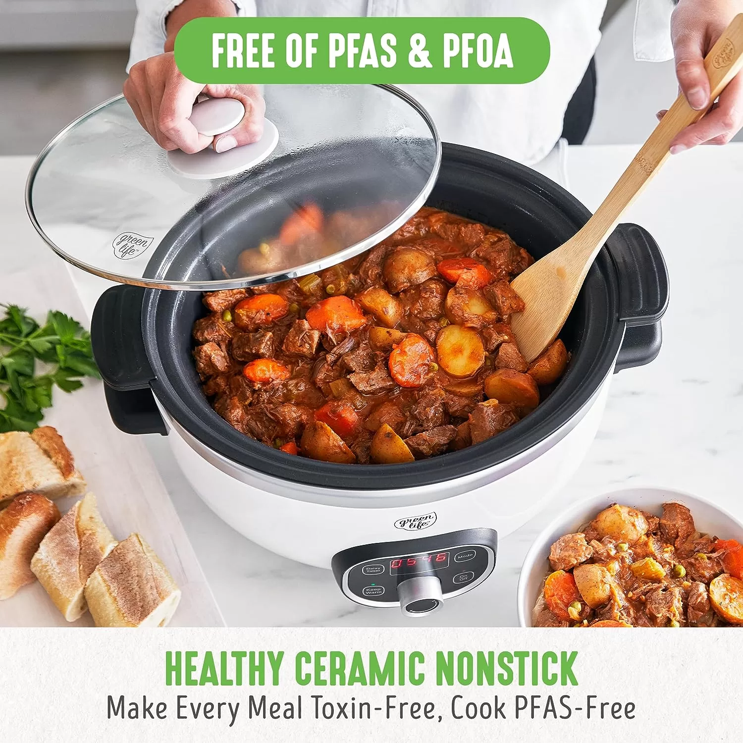 GreenLife Cook Duo Healthy Ceramic Nonstick Programmable 6 Quart Family-Sized Slow Cooker, White