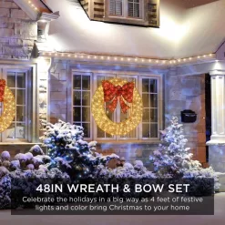 Best Choice Products SKY6245 48 in. Gold Pre-Lit LED Outdoor Artificial Christmas Wreath with140-Lights and Red Bow