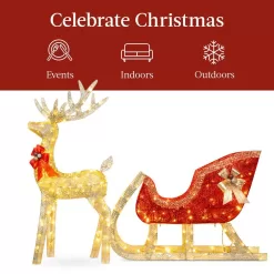 Best Choice Products SKY5827 48 in. LED Metal Reindeer Sleigh Christmas Yard Decor with Stakes