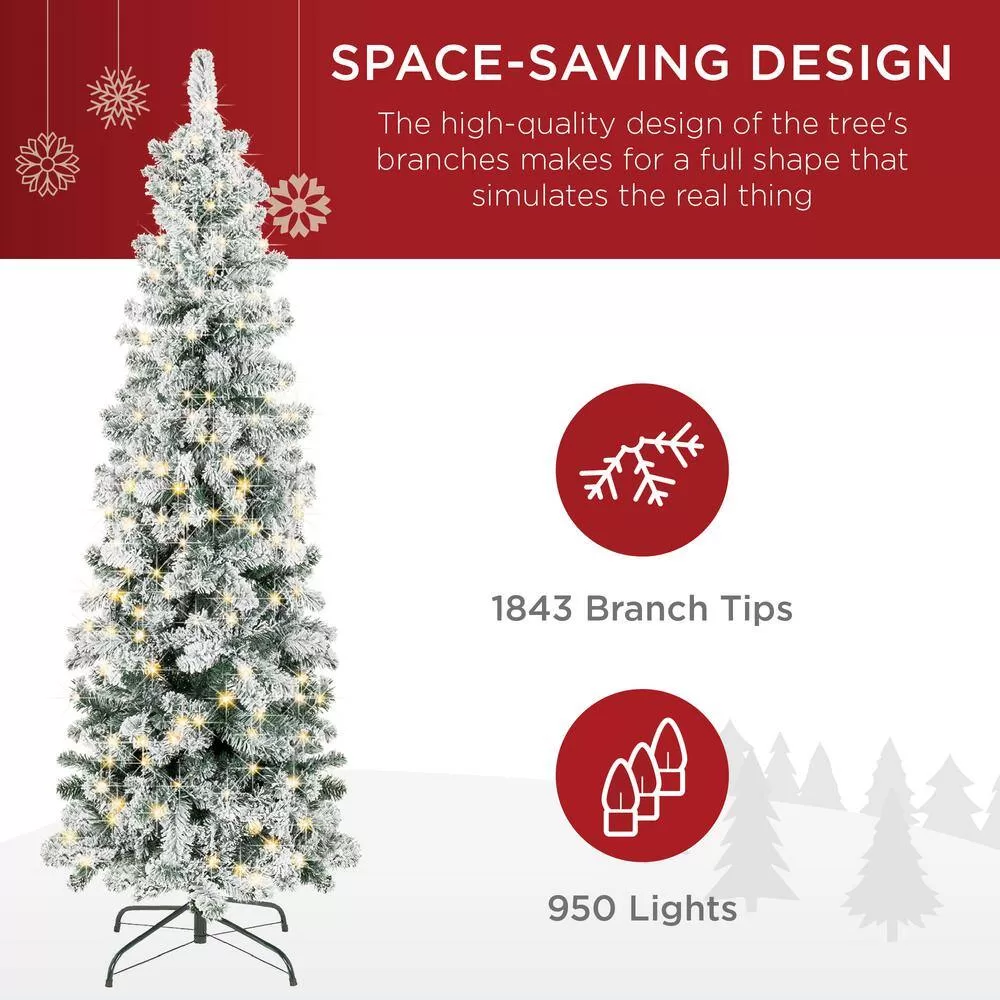 Best Choice Products SKY6383 12 ft. Pre-Lit Incandescent Snow Flocked Pencil Artificial Christmas Tree with 950 Clear Lights