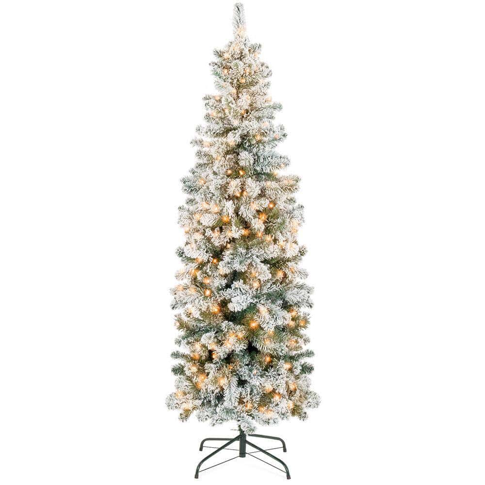 Best Choice Products SKY6383 12 ft. Pre-Lit Incandescent Snow Flocked Pencil Artificial Christmas Tree with 950 Clear Lights