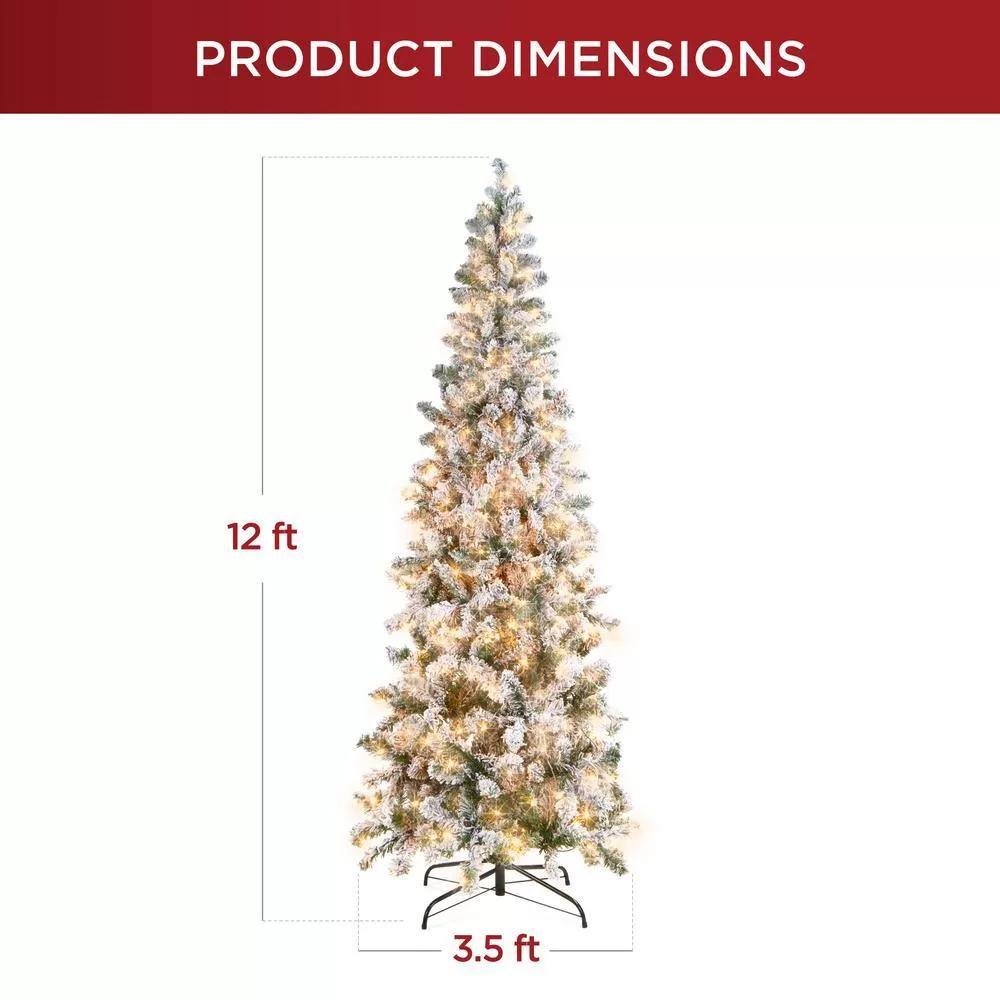 Best Choice Products SKY6383 12 ft. Pre-Lit Incandescent Snow Flocked Pencil Artificial Christmas Tree with 950 Clear Lights