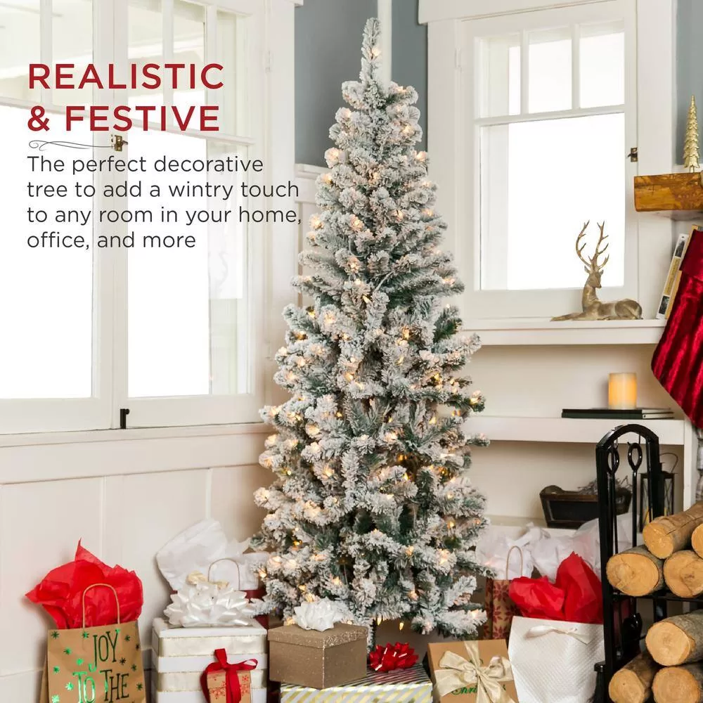 Best Choice Products SKY6383 12 ft. Pre-Lit Incandescent Snow Flocked Pencil Artificial Christmas Tree with 950 Clear Lights