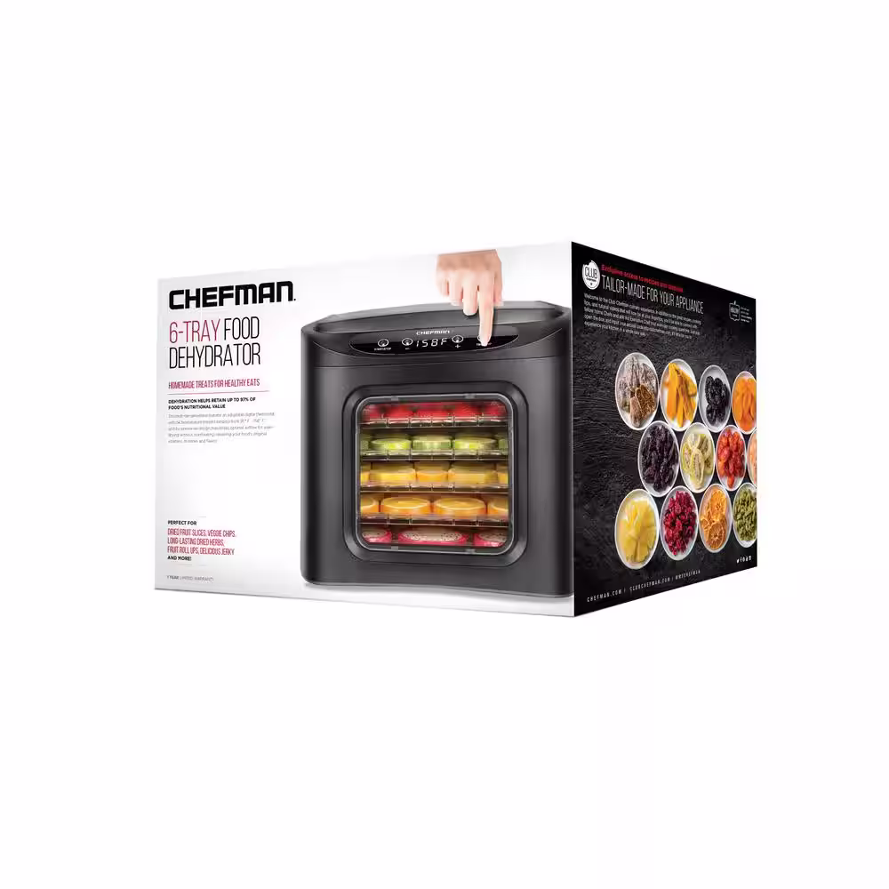 Chefman Black Food Dehydrator Machine, Touch Screen Electric Multi-Tier Preserver Meat Beef Jerky, Fruit Vegetable Dryer 6 Trays
