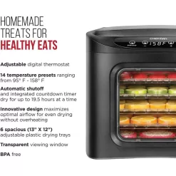 Chefman Black Food Dehydrator Machine, Touch Screen Electric Multi-Tier Preserver Meat Beef Jerky, Fruit Vegetable Dryer 6 Trays