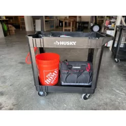 Husky 410-113-0111 2-Tier Plastic 4-Wheeled Service Cart in Black with 500 lb. Capacity