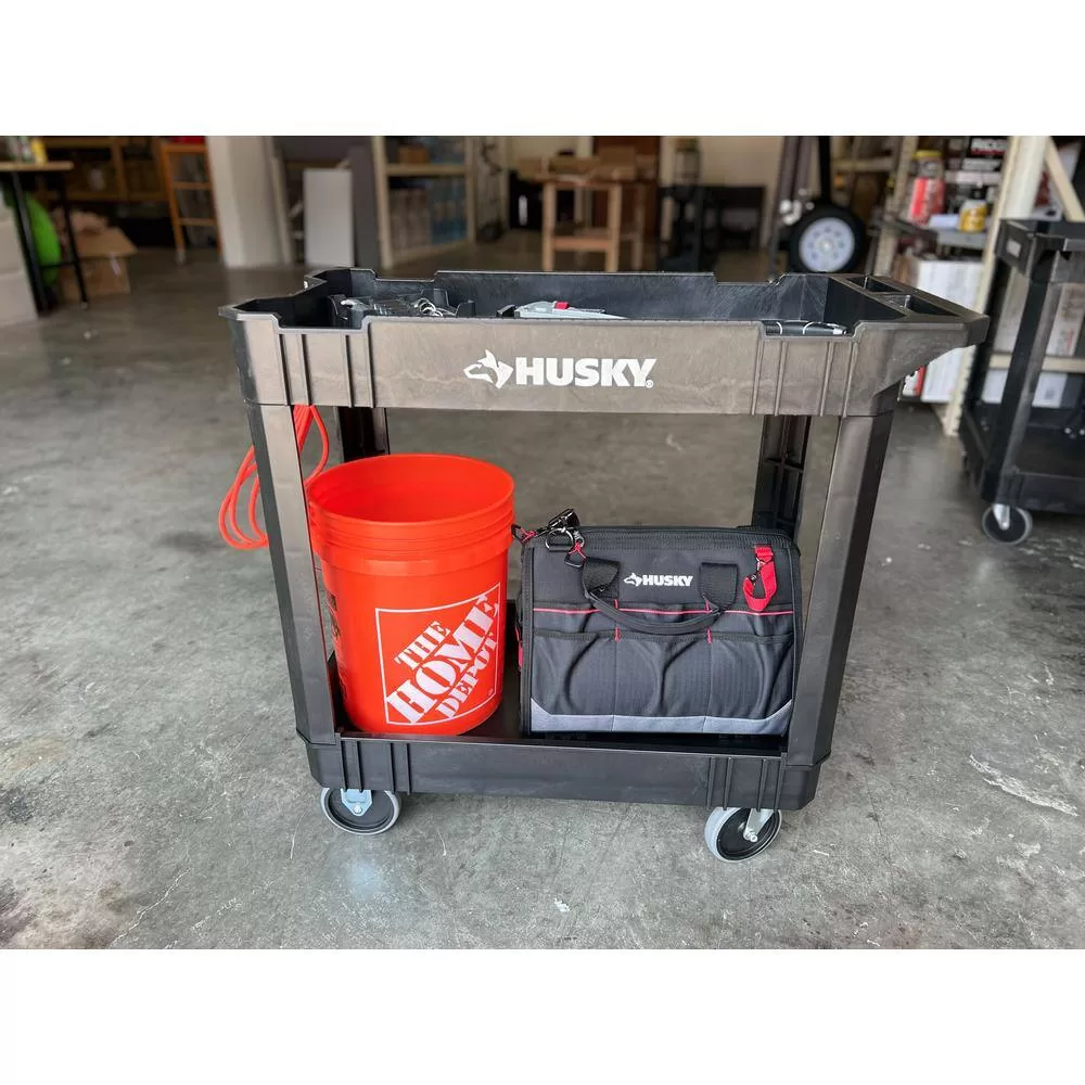 Husky 410-113-0111 2-Tier Plastic 4-Wheeled Service Cart in Black with 500 lb. Capacity
