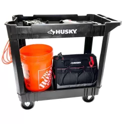 Husky 410-113-0111 2-Tier Plastic 4-Wheeled Service Cart in Black with 500 lb. Capacity