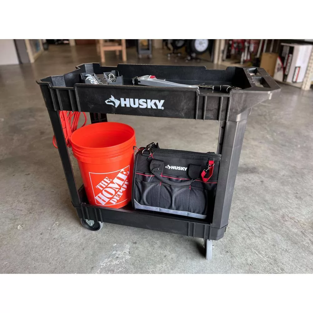 Husky 410-113-0111 2-Tier Plastic 4-Wheeled Service Cart in Black with 500 lb. Capacity
