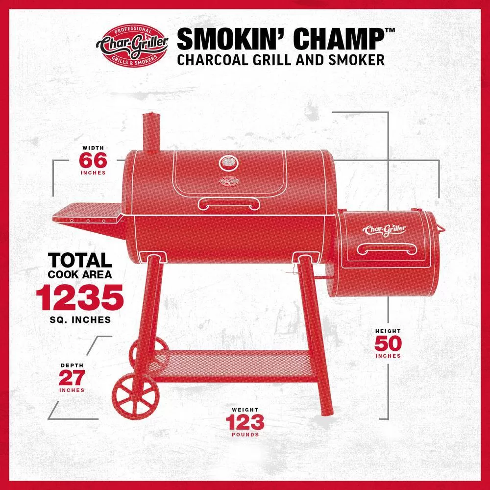Char-Griller 1733 Smokin' Champ Charcoal Grill Offset Smoker in Black