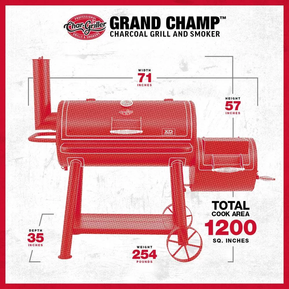 Char-Griller 8250 Grand Champ Charcoal Grill and Offset Smoker in Black