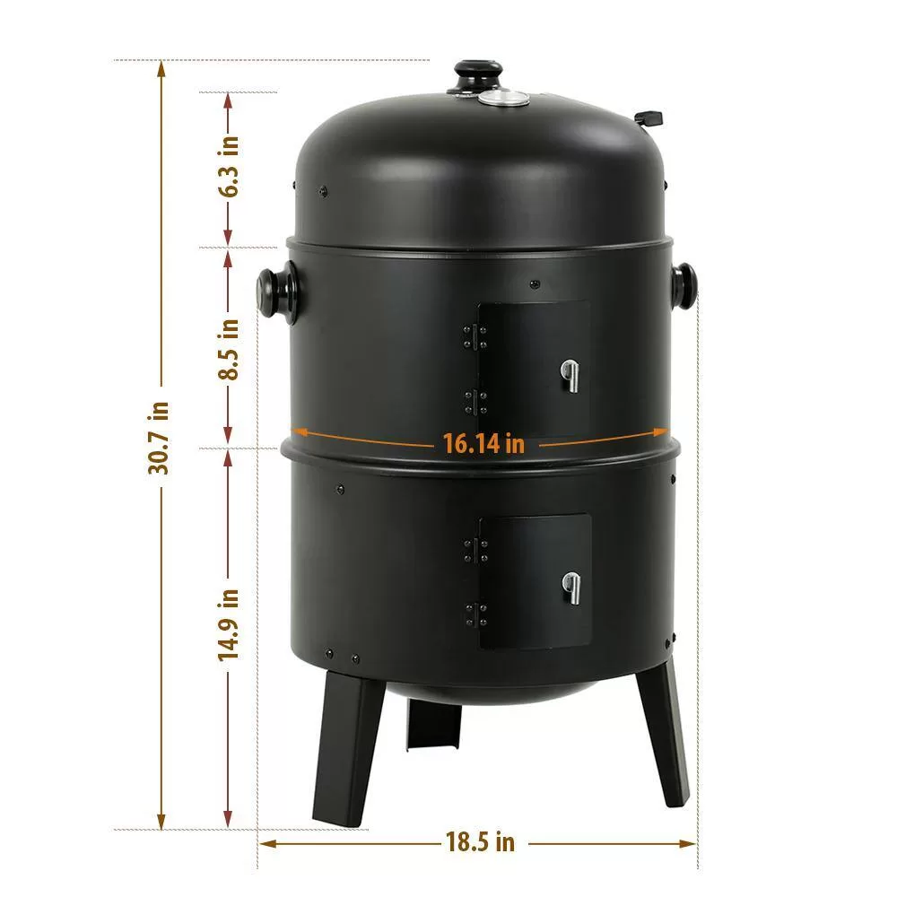 MASTER COOK SRCG20008 Vertical 16 in. Steel Charcoal Smoker, Heavy-Duty Round BBQ Grill for Outdoor Cooking in Black
