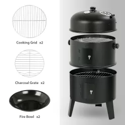 MASTER COOK SRCG20008 Vertical 16 in. Steel Charcoal Smoker, Heavy-Duty Round BBQ Grill for Outdoor Cooking in Black