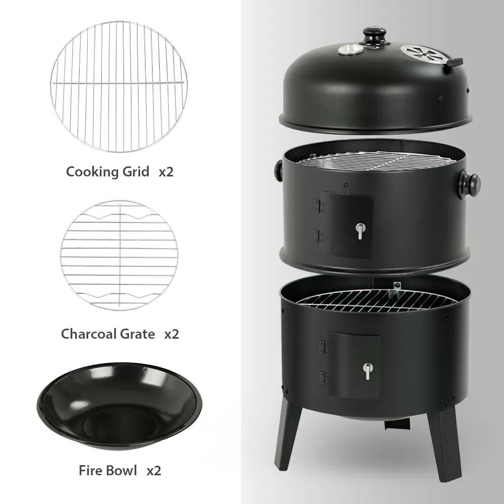 MASTER COOK SRCG20008 Vertical 16 in. Steel Charcoal Smoker, Heavy-Duty Round BBQ Grill for Outdoor Cooking in Black